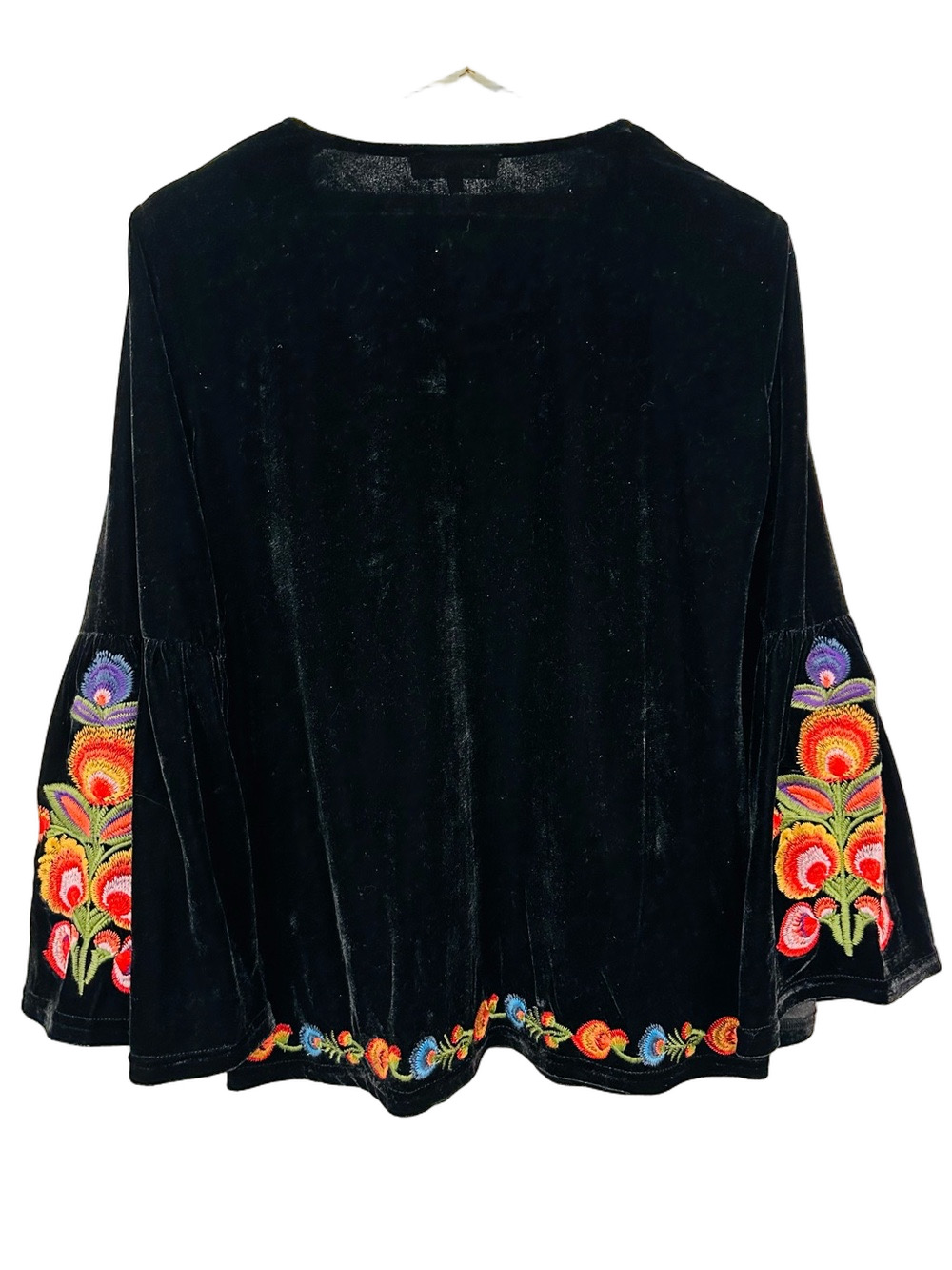 Solitaire Black Velvet Embroidered Boho Bell Sleeve Top M Boho Whimsigoth Folk - Picture 9 of 10